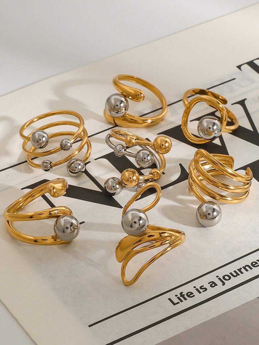 Uworld 1Pc French Hollow Asymmetrical Open Ring Line Design Personalized Creative Stainless Steel Ring 18K Gold-Plated Women's Modern Minimalist Ring Suitable For Daily Wear HHoliday Party Festival Etc.