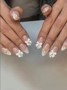 10 件纯手工制作中号杏仁形按压指甲，简约风格指甲，白色指甲法式尖头指甲，立体仿珍珠蝴蝶结指甲装饰，仿珍珠母螺纹指甲胶，凝胶指甲套装，春季指甲，夏季指甲，适合所有场合和衣服使用的假指甲，美甲，2025 新款指甲，指甲按压，欧美指甲，现代日本指甲美甲用品指甲 - Follow Your Heart - 查看 3