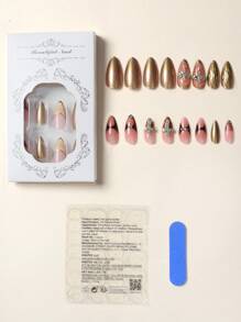 24 件 Y2k 风格指甲中号杏仁按压指甲金色和豹纹法式尖头亮面全覆盖假指甲 3D 金线金属假指甲适合女士和女孩婚礼 - 包括指甲锉和果冻粘合剂