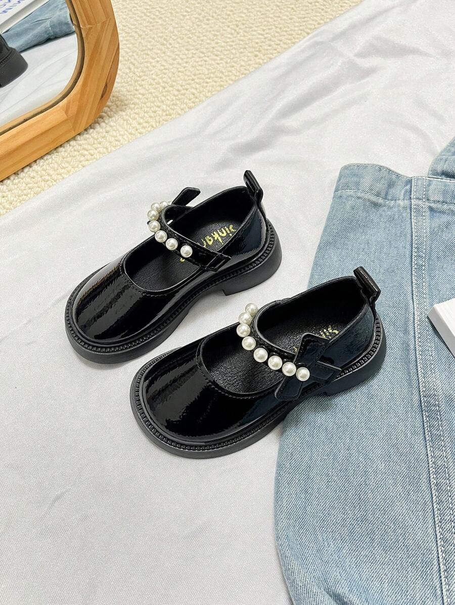 Girls Leather Shoes Fashion Loafers Toddler Lolita Style Princess Pearl Shoes, Outdoor Suitable For Spring & Autumn