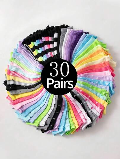 Sports Outdoor 5/10/20/30 Pair Candy Color Fashion Comfortable Women's Ankle Socks: Soft And Breathable, Heart And Stripe Printing, Summer Women's Socks, Durable Knitted Fabric - Casual And Versatile Ideal Gift