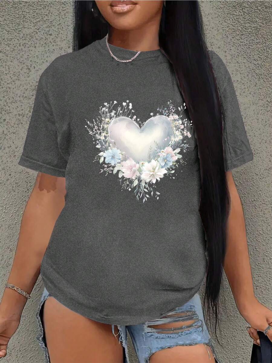 Stylish Printed T-Shirt - Versatile, Easy To Maintain And Comfortable, Women's Casual All Season T-Shirt - Dark Grey - View 1