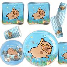 طقم أدوات المائدة لحفلة عيد ميلاد الكابيبارا، طقم إمدادات الحفلة من الورق، الأطباق، المناديل، الأكواب، وبياضات المائدة يكفي ل- 10 ضيوف، ديكورات حفلة عيد الميلاد بموضوع الرسوم المتحركة الكابيبارا