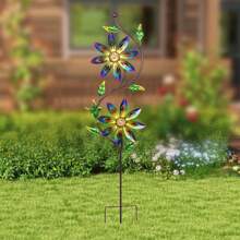1pc 37in Garden Decoration Wind Spinner With Metal Flower Shape, Dual Heads Gently Spin In The Wind, Suitable For Decorating Garden, Yard, Patio, Pathway