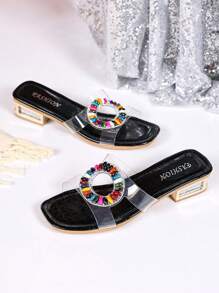 Women's Summer Faux Crystal Studded High Heel Open Toe Mule Sandals