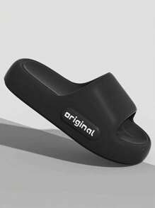 New Arrival Casual Stripe & Letter Design Men's Indoor Slippers, EVA Non-Slip Bathroom Shower Slides, Lightweight Soft & Comfortable Thick Sole, Versatile For Indoor & Outdoor, Black Color For Men & Women