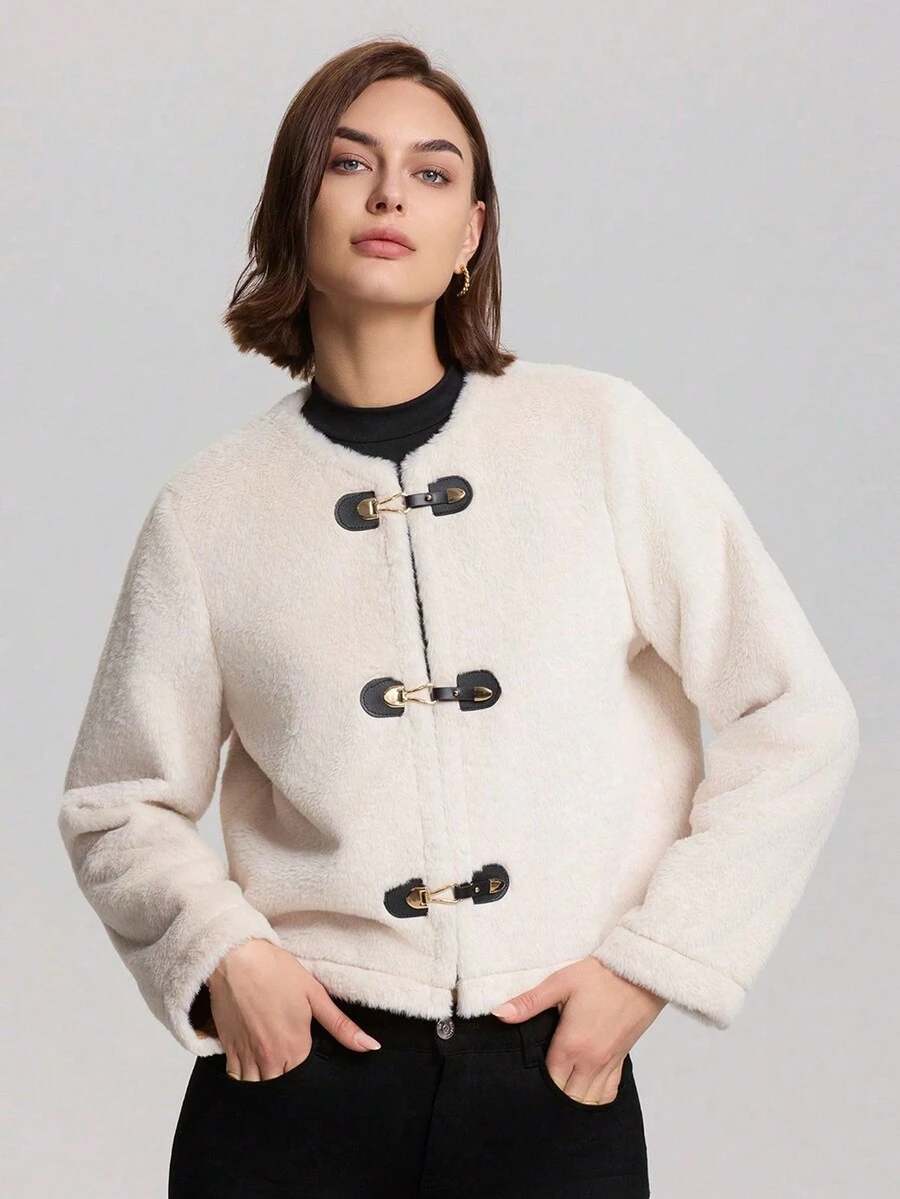 Women's Metal Clasp Collar Fuzzy Casual Jacket For Winter - Beige - View 1
