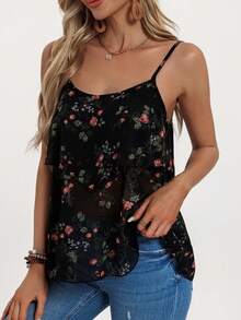 New Vintage Style Elegant Women Summer Cami Top, Casual Vacation Semi-Sheer Floral Print Camisole, Home Office Ruffle Strap Tank Top