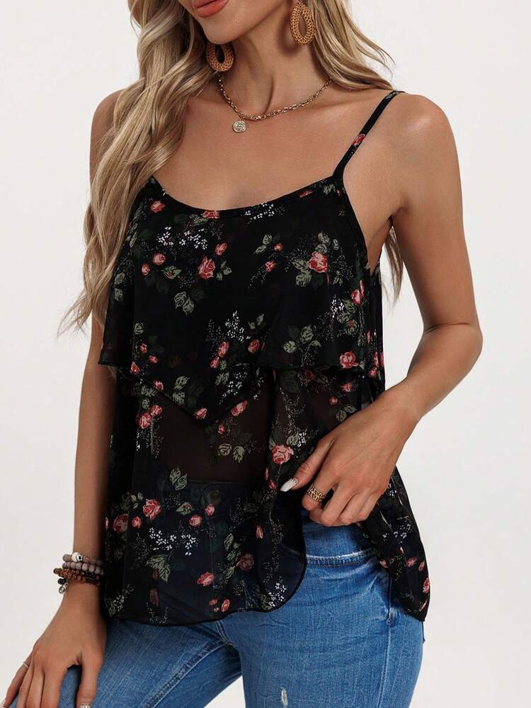 New Vintage Style Elegant Women Summer Cami Top, Casual Vacation Semi-Sheer Floral Print Camisole, Home Office Ruffle Strap Tank Top Black - Black - View 5