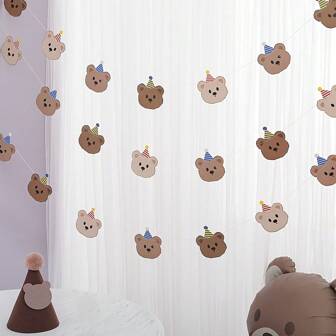 1 Pc Double-Sided Bear Banner,Vintage Bear Banner For Birthday Parties, Paper Garland, Room Decor & Party Supplies