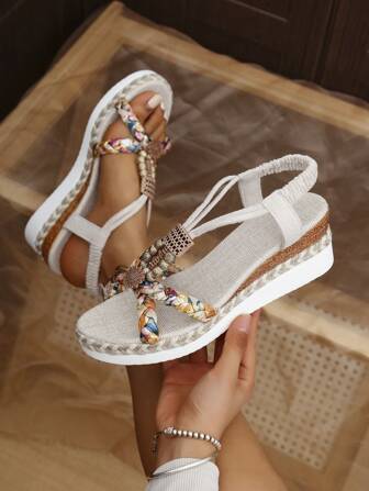 Sandalias bohemias hechas a mano con cuña, estilo casual/deportivo para mujer, de tacón bajo plano y versátil, con suela tejida antideslizante y plataforma