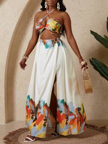 Women's Tie-Dye Print Backless Halter Dress, High Split Dress Bea Chwear Vacation Outfits Woman, Beach Outfits For Woman, Tropical Vacation Woman Clothes, Sundresses For Vacation