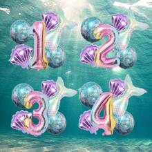 New Oversized Mermaid Tail, Seashell Numbered 1-9 Birthday Set, Suitable For Birthday, Anniversary, Wedding, Mermaid Ocean Theme Party Decorative Balloons
