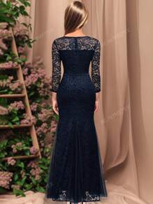 Elegant Lace Mesh Mermaid Bridesmaid Dress, 3/4 Sleeves Dress, Suitable For Weddings & Formal Events, Vintage Casual Resort Party Dress, Wedding Guest Cocktail Dress
