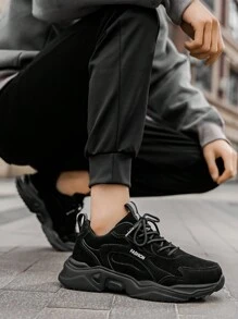 Men's Black & Grey Mesh Patchwork Design Comfortable Running Shoes, Fashion Black Outdoor Casual Sports Sneakers