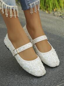 Plus Size 35-43 Vintage Mary Jane Flat Shoes, Beige, Glamorous Sequined Round Toe Soft Bottom Work Shoes, New Spring Autumn Daily Wear & Party Slip-On Loafers, Women Ballet Flats
