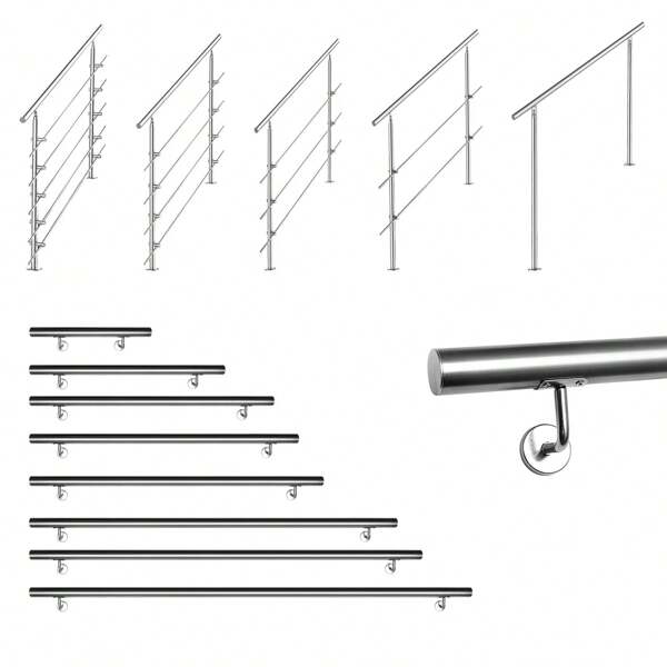 Lospitch Handlauf Edelstahl 80cm/100cm/120cm/150cm/160cm/180cm ,Treppengeländer innen & außen, Ø 42mm, mit 0/2/3/4/5 Querstreben für den Garten,Treppenhaus innen