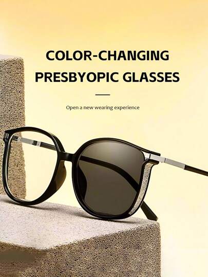 2/1件 变色太阳眼镜，双面镶嵌水钻，浅色、灰色、棕色，猫眼图案，时尚眼镜，无度数镜片，百搭