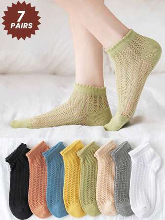 7 pares de calcetines cortos para mujer de colores aleatorios, calcetines transpirables de tobillo, estilo para primavera y verano