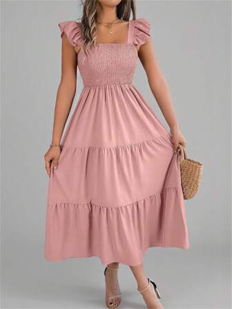 New Summer Solid Color Square Neck Backless Ruffle Hem Casual Slip Dress, Cake Pink