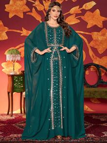 Women's Solid Color Round Neck Arabian Dress With Luxurious Beaded Embroidery, Elegant Modest Abaya Spring - Dark Green - View 5