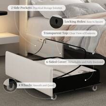 SIBEDS Queen LED Bed Frame With Galaxy Aurora Star Projector, Full-Size Platform Bed, 2 Removable Storage Drawers, 52" Crystal Button-Tufted Upholstered Headboard, King Bed With Charging Station, Noise-Free, No Box Spring Needed, PU Leather White - 白色 - 查看 6