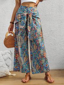 Lace-Up Colorblock High Waist Casual Loose Fit Pants, Multiple Colors