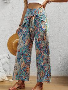 Lace-Up Colorblock High Waist Casual Loose Fit Pants, Multiple Colors