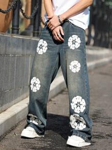 HEHCN Men's Floral Print Pockets Casual Loose Fit Y2K Retro Wide Leg Blue Jeans, Emo Style