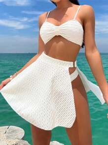 New Sexy Solid Ruched Crop Top & Bottom Bikini Set With Beach Skirt, For Summer Vacation