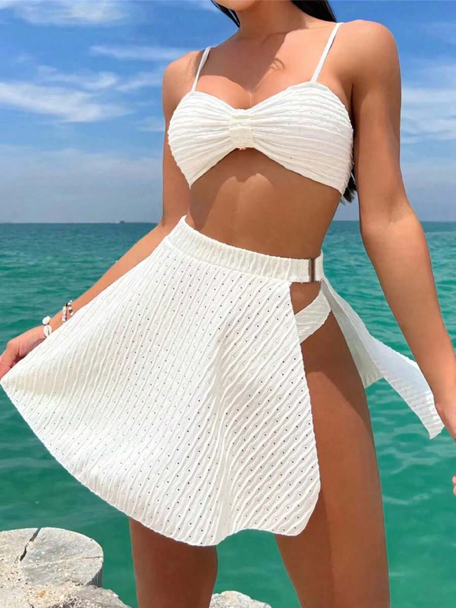 New Sexy Solid Ruched Crop Top & Bottom Bikini Set With Beach Skirt, For Summer Vacation