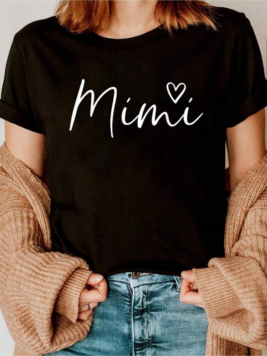 Mimi Gifts For Women Grandma Heart Mother's Day Mimi T-Shirt Women Graphic Print T Shirt, Casual Crew Neck Short Sleeve Top, Cotton Knit Fabric, Regular Fit, All-Season Wear - màu đen - Xem 1