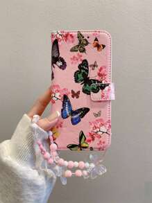 Flipping Cover Cell Phone Case With Colored Butterfly Pattern, Bowtie, Candy, Star, Beaded Wrist Strap