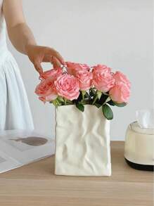 1 件白色褶皱纸袋陶瓷花瓶，独特方形宽口褶皱大花瓶，唯美简约波西米亚花瓶，适合现代时尚家居餐桌中心装饰 - 彩色 - 查看 2