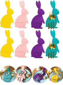 12-Piece Bunny Shape Multicolor Felt Tableware Set, Easter Bunny Tableware Holder Bag Placemat, Tableware Holder, Egg Table Decoration Supplies, Table Decoration Supplies Cutlery Bag Tableware Bag Holiday Decoration - Multicolor - View 2