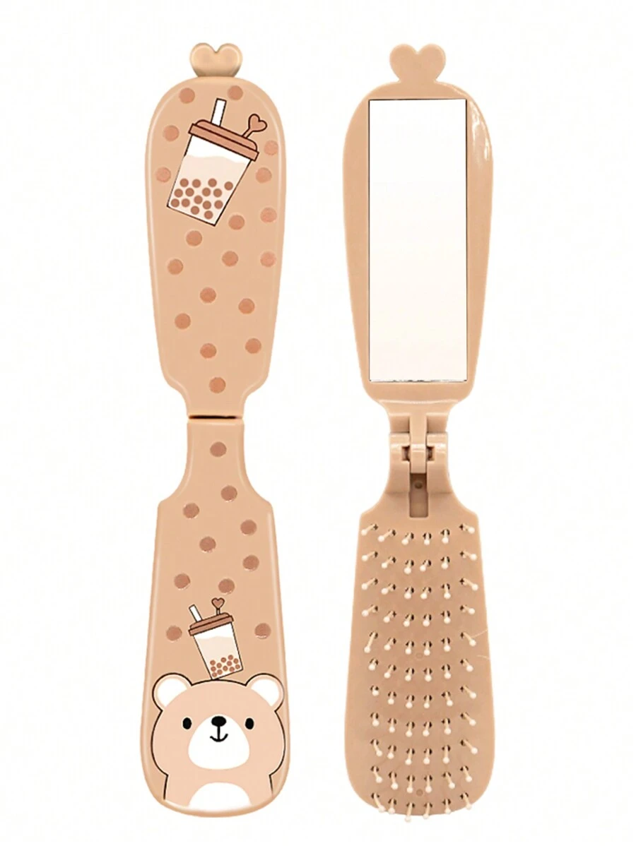 1pc Random Pattern Women's Cartoon Air Cushion Hairbrush With Mirror And Massage Comb, Portable Milk Tea Bear Cute Pattern, Foldable Mirror Comb, Hair Care Gift For Girls - Multicolor - View 1