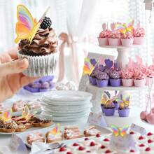50 Pieces Butterfly Cake Decorations With Happy Birthday Acrylic Cake Toppers For Shower Wedding Birthday Party Decor (Purple & Pink)