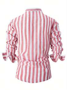 Men's Cotton Linen Striped Long Sleeve Shirt With Color Block, Ideal For Spring And Fall, A Comfortable And Casual Option As A Gift - Đỏ - Xem 2