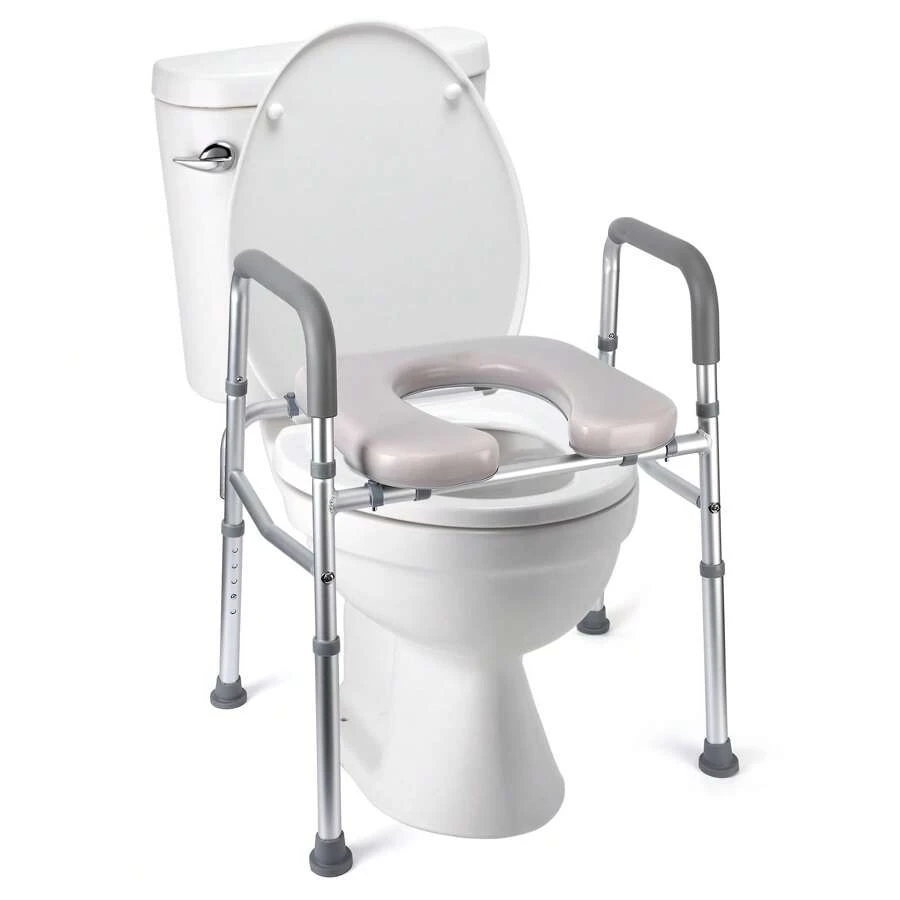 Raised Toilet Seat, 350LB Stand Alone Homecare Commode Bathroom Assist Frame For Elderly, Handicapped, Disabled, Adjustable Height, Padded Seat Bathroom Decor Summer Back To School - Silver - View 1