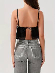 Women's Lace Camisole Deep V Neck Backless Back Tie-Up Babydoll Cami Crop Tops