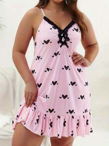 1pc Plus Size Sexy Nightgown - Heart Print, Lace Ruffle Trim And Bow Collar - Comfy Women V-Neck Sleepwear