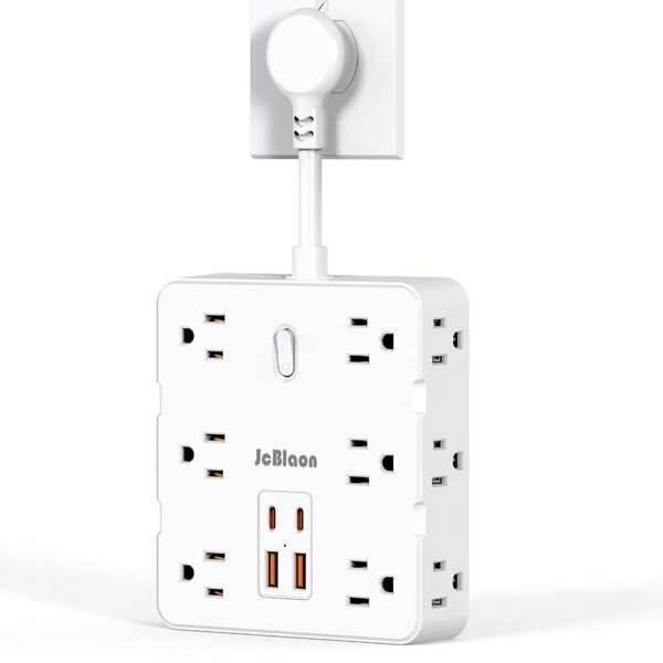 JcBlaon 16-In-1 Power Strip With Surge Protection, 12 Outlets & 4 USB Ports (Including 2 Type-C), With On/Off Switch, Ideal For Home, Office, Kitchen, Dorm