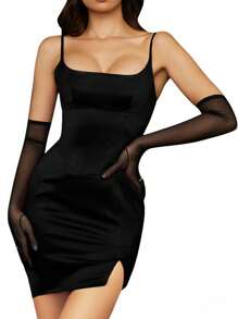 1 双美丽黑色网眼手套，长款黑色手套，女士长款性感手套，网眼长手套，黑色透明手套，女士长款歌剧派对礼服婚礼新娘手套女士长款弹力网眼薄纱透明手套服装婚礼歌剧万圣节派对 1920 年代舞蹈手套 - 黑色 - 查看 1