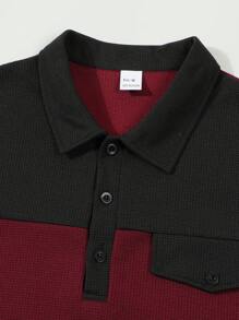 Spring & Summer Bright Colors Men's Polo Shirt & Pants 2 Pieces Outfit, Casual Sporty Short Sleeve Contrast Color Collared Shirt + Long Trousers, Suitable For Leisure, Outdoor, Travel, Daily Wear - Burgundy - View 4