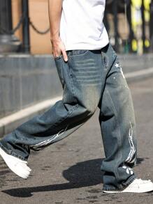 Calça Denim casual solta com bolsos com remendo de Chamas da HEHCN, Streetwear retrô baggy azul estilo Y2K