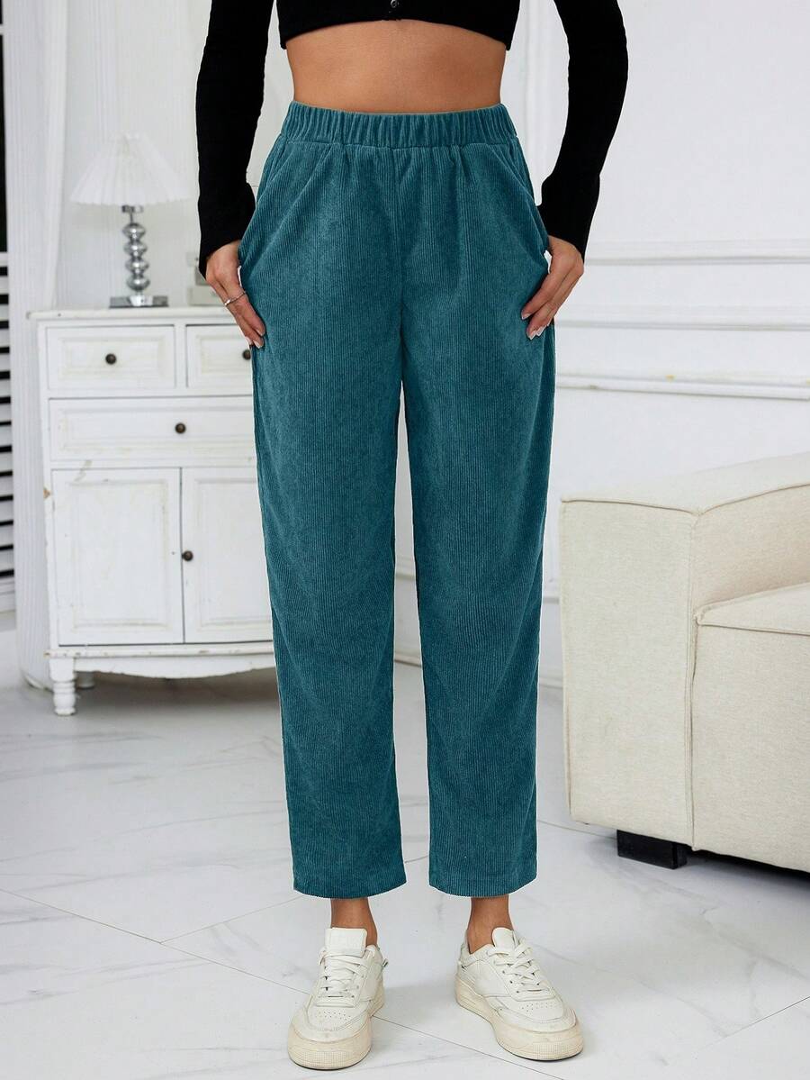 Women's Solid Color Casual Corduroy Straight Leg Pants With Pockets - Blue - View 1