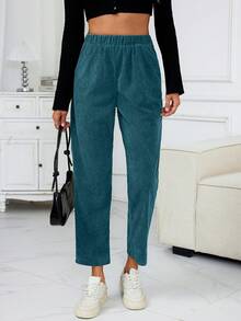 Women's Solid Color Casual Corduroy Straight Leg Pants With Pockets - Blue - View 3