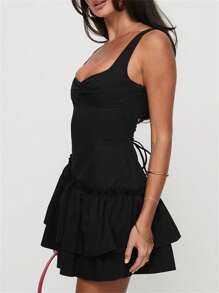 Women's Square Neck Ruffle Hem Mini Dress Sleeveless Back Lace Up Corset Short Party Dresses