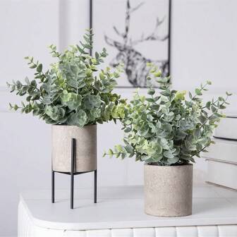 2 paquets de plantes en pot artificielles d'eucalyptus, petites plantes factices en pot, faux eucalyptus pour étagère de salle de bain, cuisine, arrangement de verdure factice pour table rustique