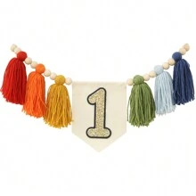 1pc Handmade First Birthday Boho High Chair Banner, Macrame Tassel Floral Wreath, Boho Birthday Decor, Rainbow Red Orange Yellow Green Blue Multicolor Shiny Tassel Pennant, Bedroom Decor